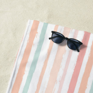 Serviette De Plage Aquarelle Pastel Rose Peach Stripes Monogramme