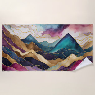 Serviette De Plage Aquarelle Paysage Abstrait Or Bleu pourpre