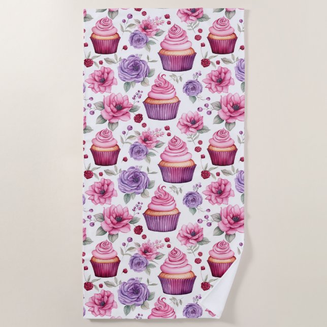 Serviette De Plage Aquarelle Pink and Purple Cupcakes and Flowers (Devant)