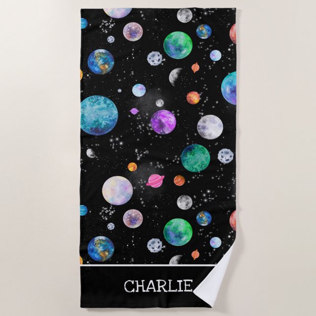 Serviette De Plage Aquarelle Planètes spatiales Galaxie personnalisée (Devant)