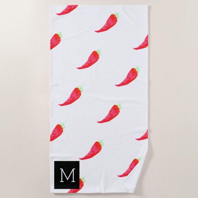 Serviette De Plage Aquarelle Poivrons Rouges Initiale (Devant)