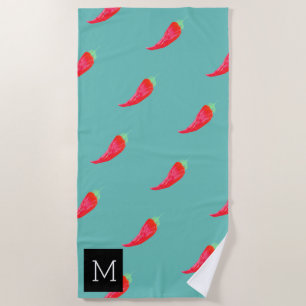 Serviette De Plage Aquarelle Poivrons Rouges Initiale
