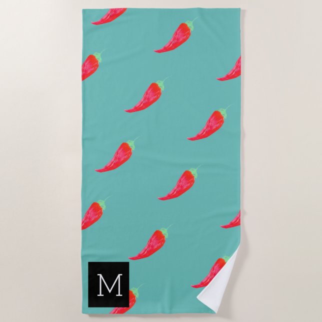 Serviette De Plage Aquarelle Poivrons Rouges Initiale (Devant)