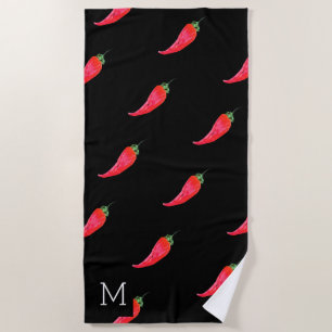 Serviette De Plage Aquarelle Poivrons Rouges Initiale