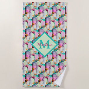 Serviette De Plage Aquarelle Prickly Pear Cactus Fleurs Monogramme