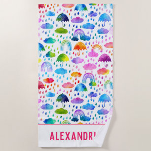 Serviette De Plage Aquarelle Rainbow Umbrellas Rainy Day Girls