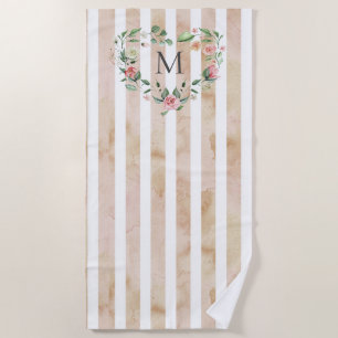 Serviette De Plage aquarelle rayures fleurie couronne monogramme