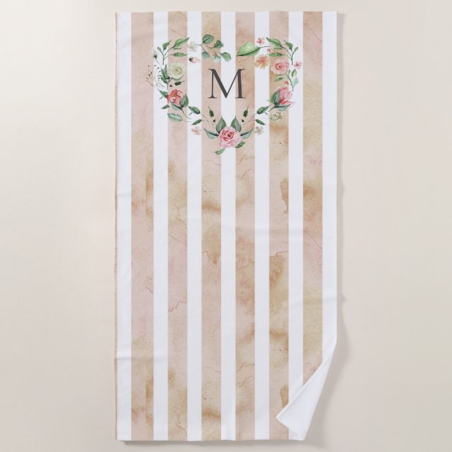 Serviette De Plage aquarelle rayures fleurie couronne monogramme (Devant)
