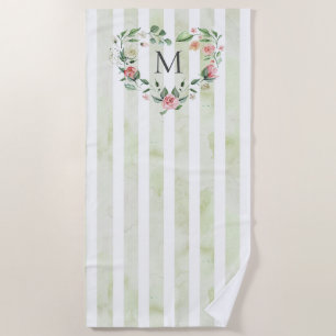 Serviette De Plage aquarelle rayures fleurie couronne monogramme