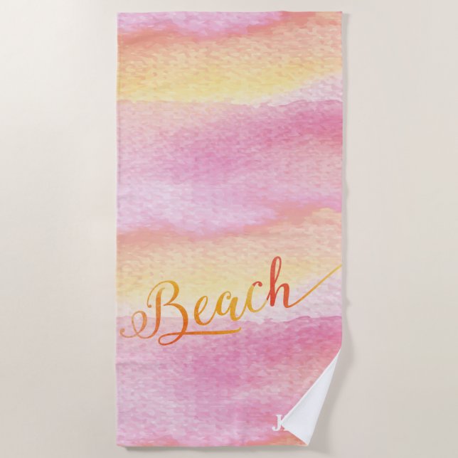 Serviette De Plage Aquarelle rose Abstrait Monogramme de plage (Devant)