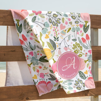 Serviette De Plage Aquarelle rose corail Motif Floral Nom du monogram