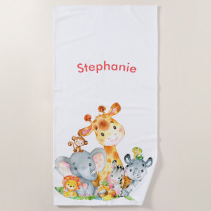 Serviette De Plage Aquarelle rose Cute Safari Jungle Animaux
