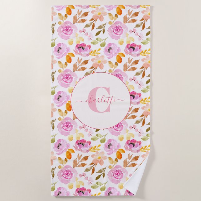 Serviette De Plage Aquarelle rose d'été Monogramme floral et nom (Devant)