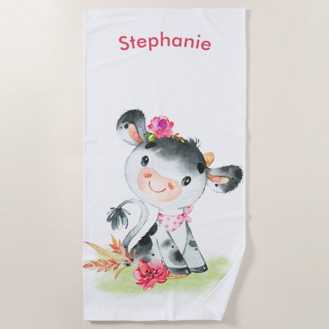 Serviette De Plage Aquarelle rose Petite vache (Devant)