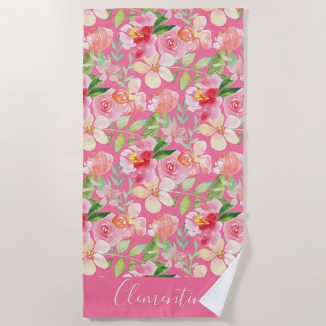 Serviette De Plage Aquarelle rose rose rose moderne (Devant)