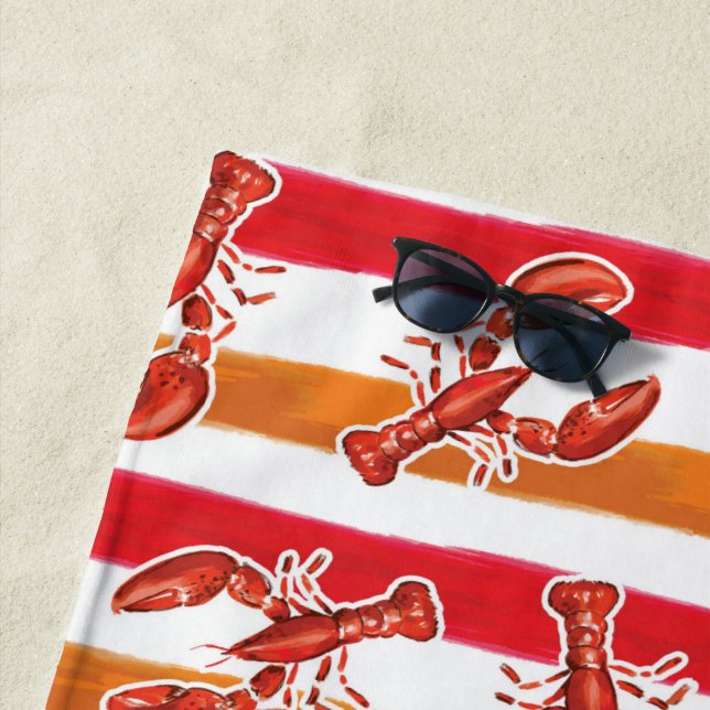Serviette De Plage Aquarelle Rouge Homard Orange Stripes Personnalisé (En situation)