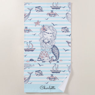 Serviette De Plage Aquarelle Sirène Bleu Bande