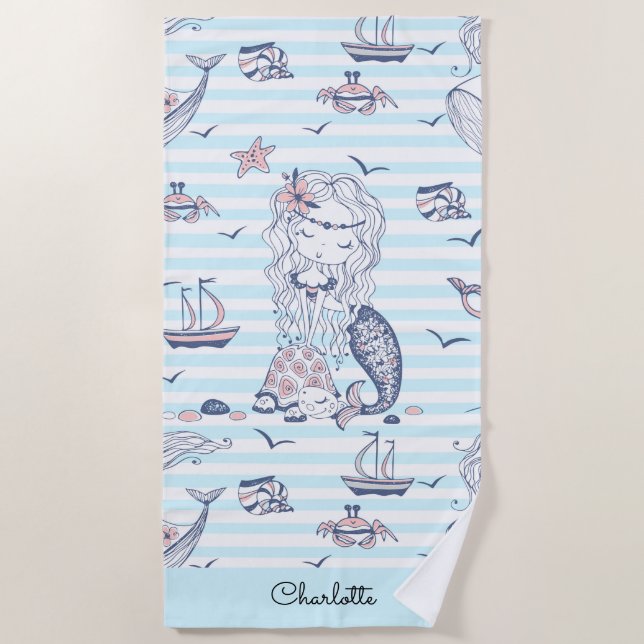 Serviette De Plage Aquarelle Sirène Bleu Bande (Devant)