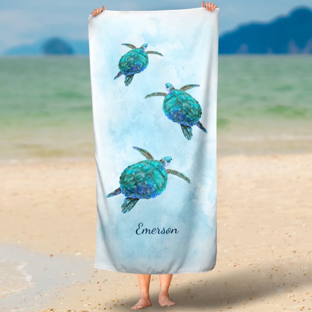 Serviette De Plage Aquarelle Tortue de mer Océan tropical (Créateur téléchargé)