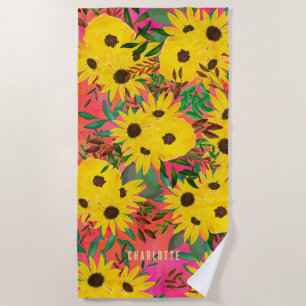 Serviette De Plage Aquarelle Tournesol motif floral rose + nom