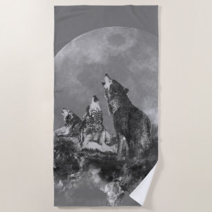 Serviette De Plage Aquarelle Trois Loups hurlant sur la lune