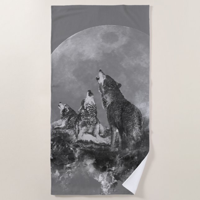 Serviette De Plage Aquarelle Trois Loups hurlant sur la lune (Devant)