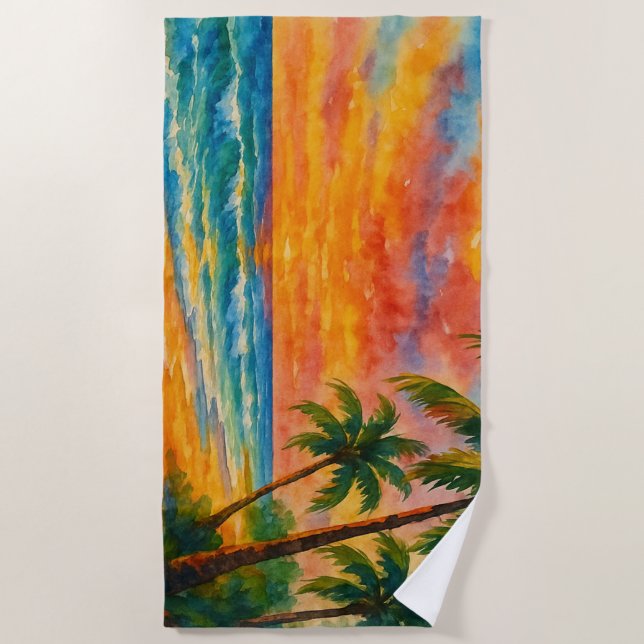 Serviette De Plage Aquarelle Tropical Beach Sunset (Devant)