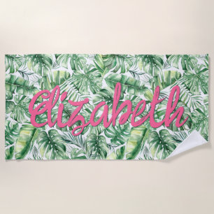 Serviette De Plage Aquarelle Tropical Palm Feuilles rose Nom personna