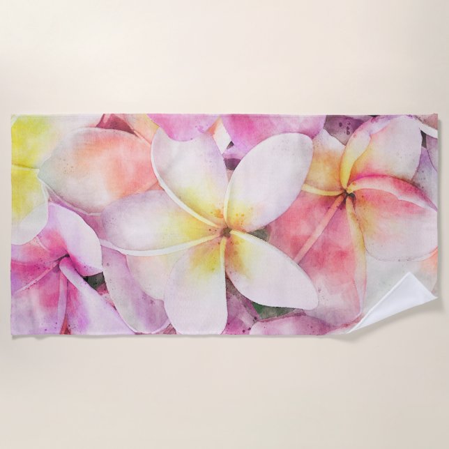 Serviette De Plage Aquarelle tropicale de la plumeria d'Hawaï (Devant)