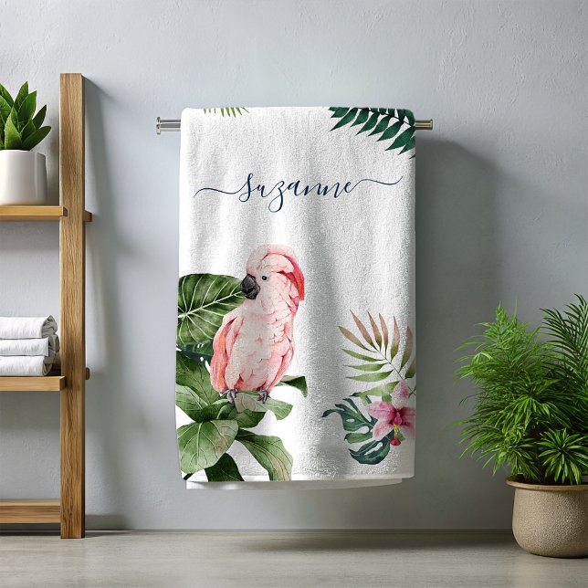 Serviette De Plage Aquarelle tropicale Feuilles Nom du script Monogra (Créateur téléchargé)