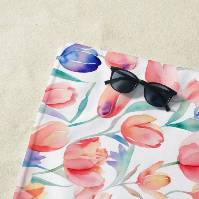 Serviette De Plage Aquarelle Tulips Motif Beach (En situation)