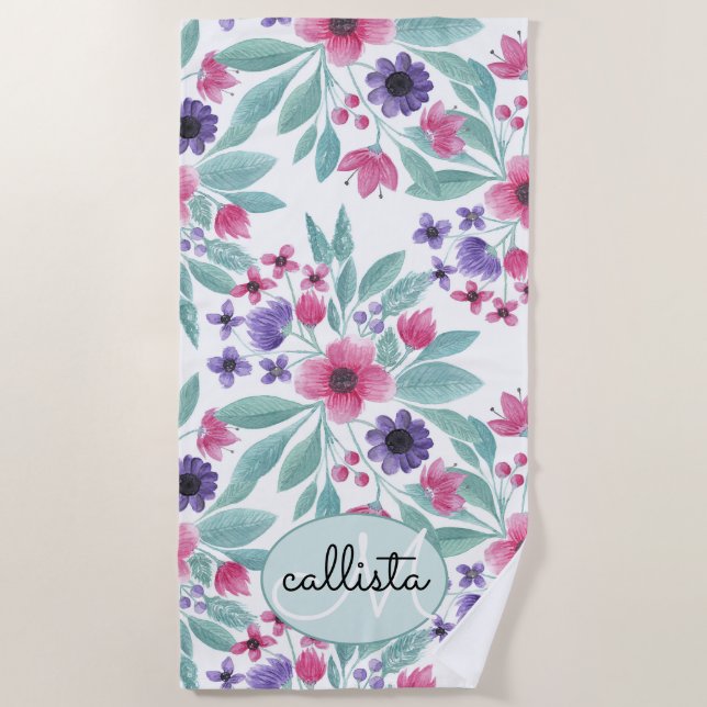 Serviette De Plage Aquarelle Turquoise rose Fille Monogramme Floral (Devant)