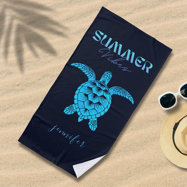Serviette De Plage Aquarelle Turquoise Tortue bleue Personnalisée (Créateur téléchargé)