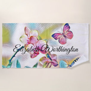 Serviette De Plage Aquarelle vintage de fleurs d'orchidées rouges ros
