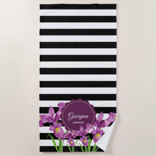 Serviette De Plage Aquarelle violet Iris noir blanc Motif