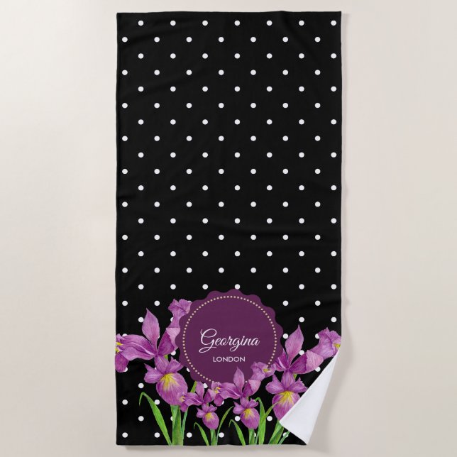 Serviette De Plage Aquarelle violet Iris noir blanc Pois (Devant)