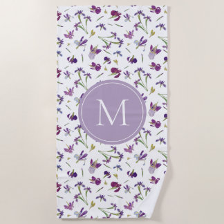 Serviette De Plage Aquarelle violette Iris Fleurs Motif Monogramme