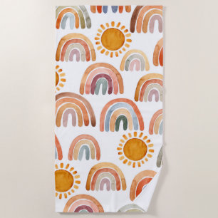 Serviette De Plage Aquarelle Whimsical Boho Rainbow et Sun Kids