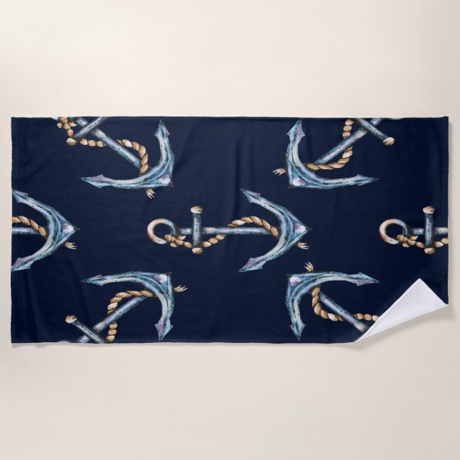 Serviette De Plage Aquarelles Ancres Bleu Marine   (Devant)