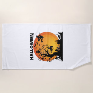 Serviette De Plage Arbre effrayant Halloween Sorcière volante Lune or