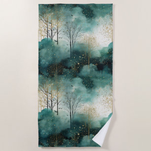 Serviette De Plage Arbres verts dorés avec oiseaux Noël