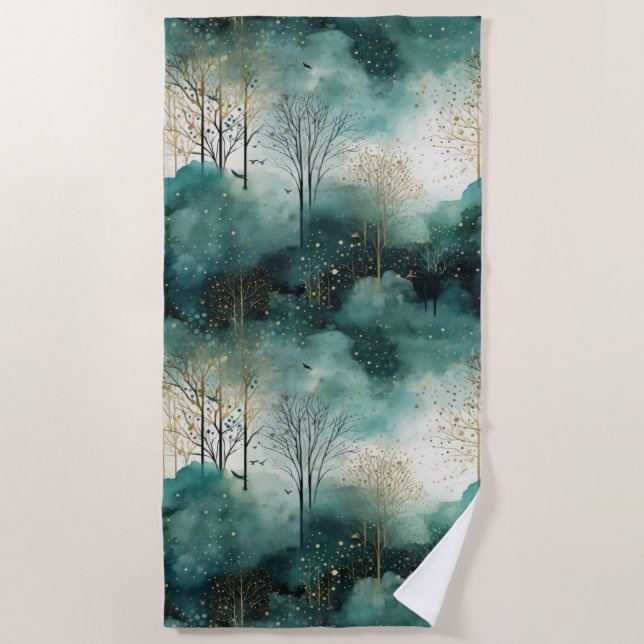 Serviette De Plage Arbres verts dorés avec oiseaux Noël (Devant)