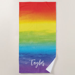 Serviette De Plage Arc-en-ciel Aquarelle violet rouge Nom moderne