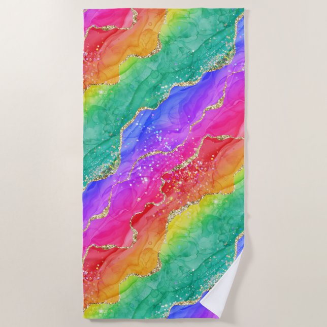 Serviette De Plage Arc-en-ciel brillant & agate fausse paillette doré (Devant)