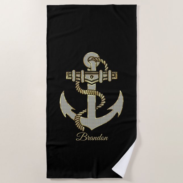 Serviette De Plage Argent et or tonalité nautique ancre flottaison b (Devant)