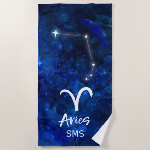 Serviette De Plage Aries Zodiac Constellation Blue Galaxy Monogramme