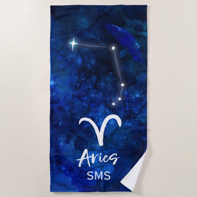 Serviette De Plage Aries Zodiac Constellation Blue Galaxy Monogramme (Devant)