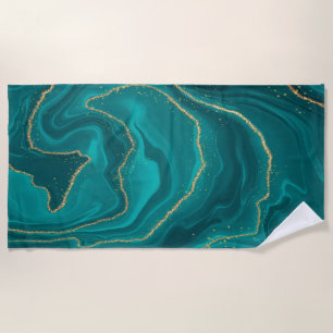 Serviette De Plage Arrière - plan en marbre liquide turquoise avec or