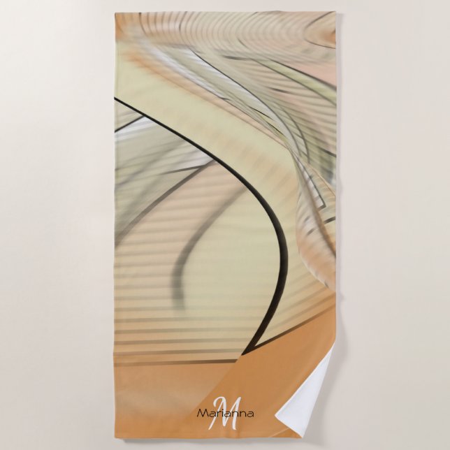 Serviette De Plage Art Abstrait Automnal Pastel Crème, Monogrammé (Devant)