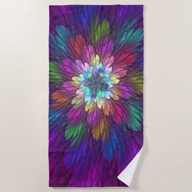 Serviette De Plage Art abstrait fractal de fleurs psychédéliques colo (Devant)